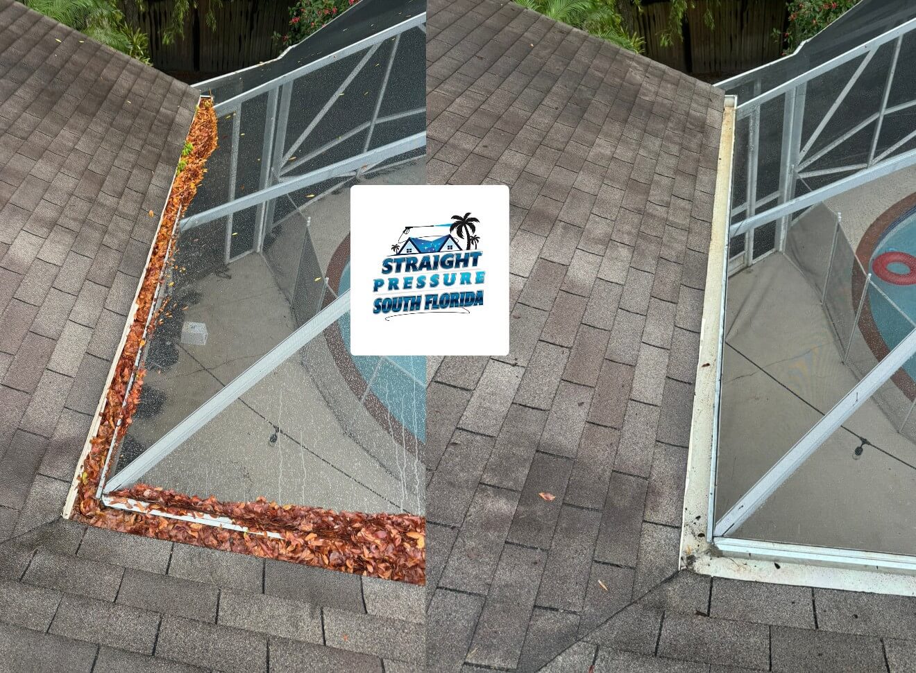 Before and after split view of gutter and super gutter cleaning in Palmetto Bay