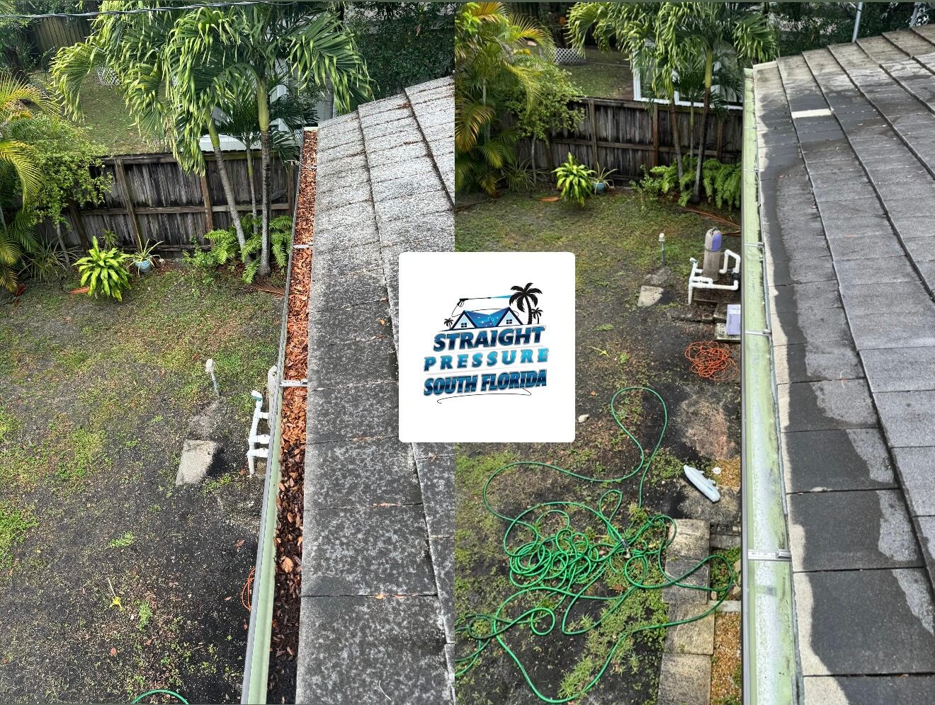 Before and after split view of gutter and super gutter cleaning in West Miami