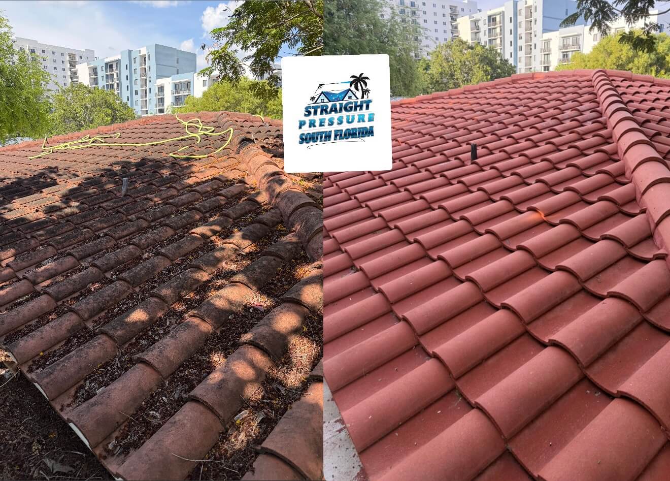 Before and after split view of roof cleaning and tile roof washing in West Miami