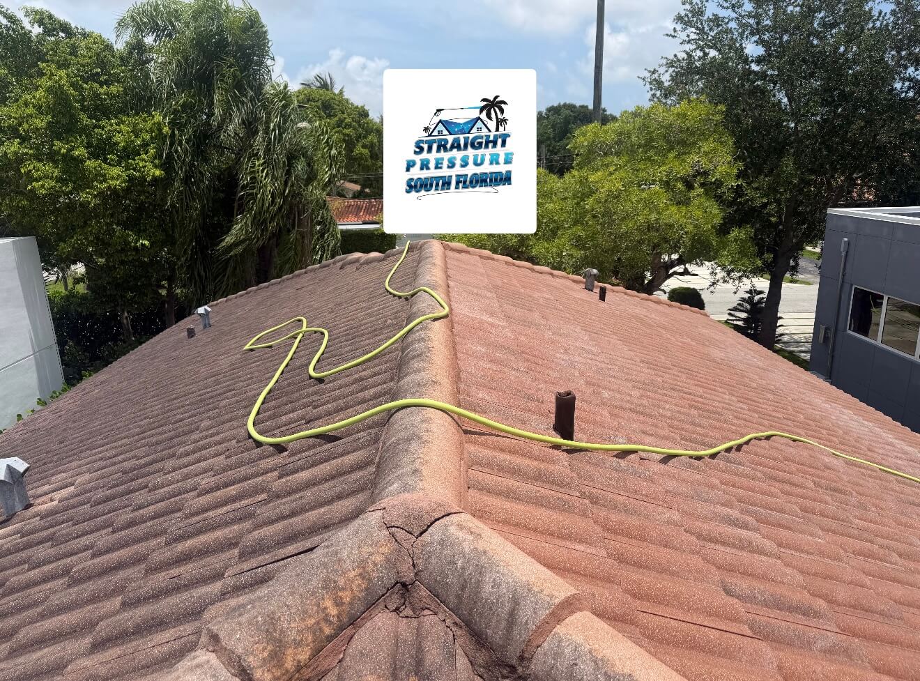 Before and after split view of professional roof soft wash treatment in West Miami