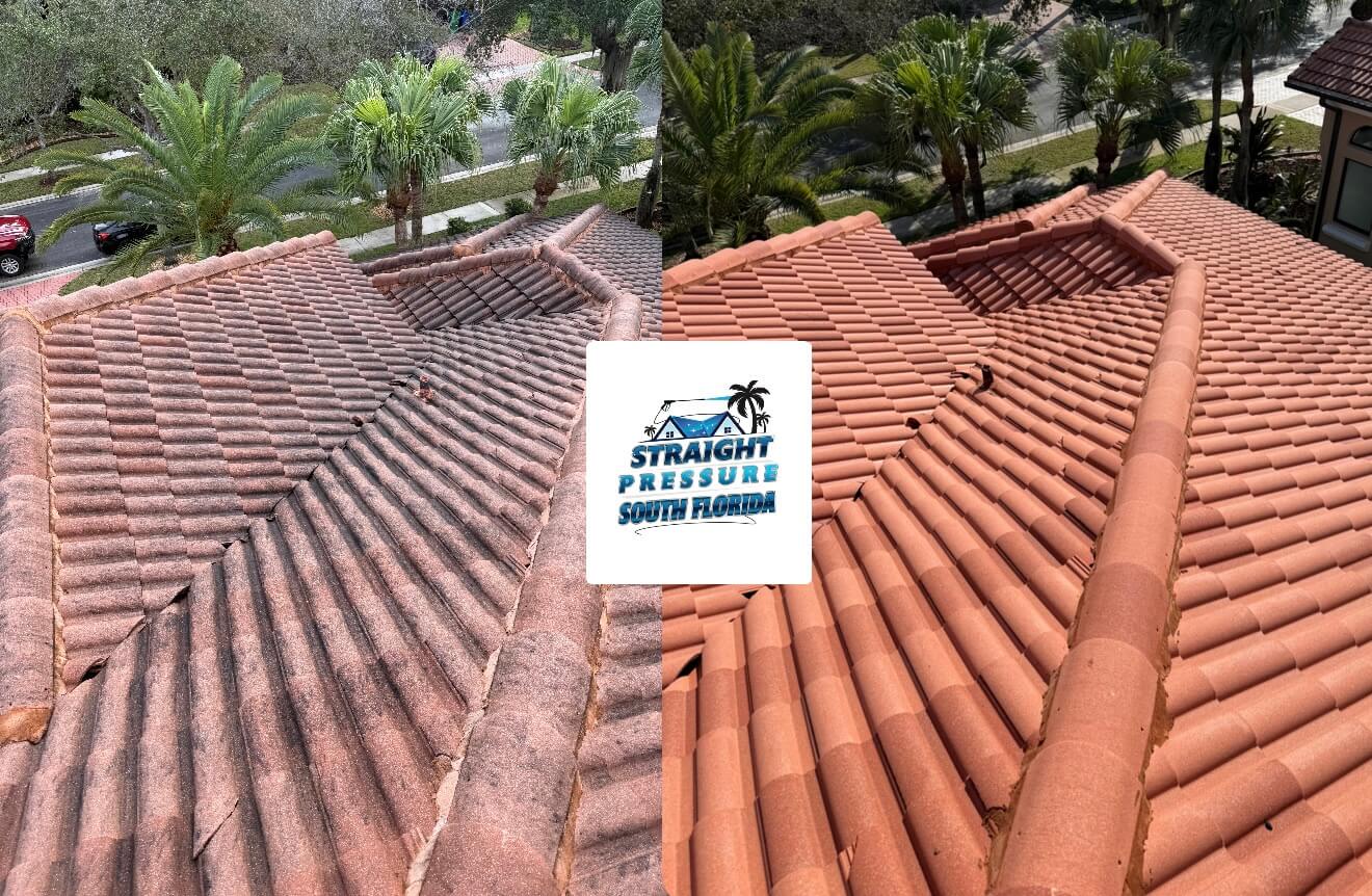 Professional roof cleaning service in Miramar, FL. The image compares the heavily soiled roof tiles on the left with the restored, clean surface on the right after careful roof pressure washing.