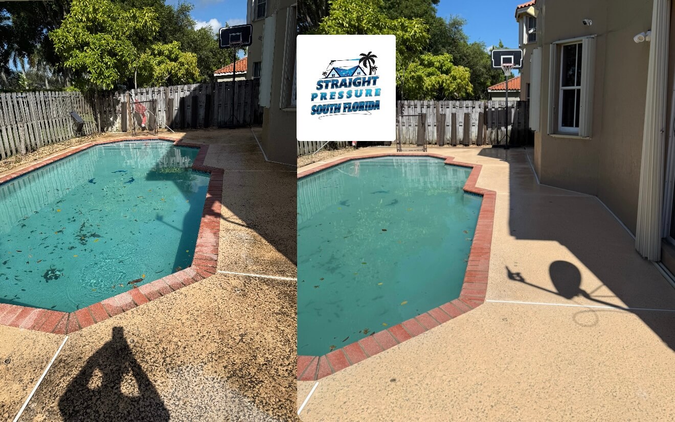 Before and after patio cleaning and pool deck restoration in Miramar. This image shows the dramatic removal of dirt and mold, highlighting expert residential power washing services provided by Straight Pressure South Florida