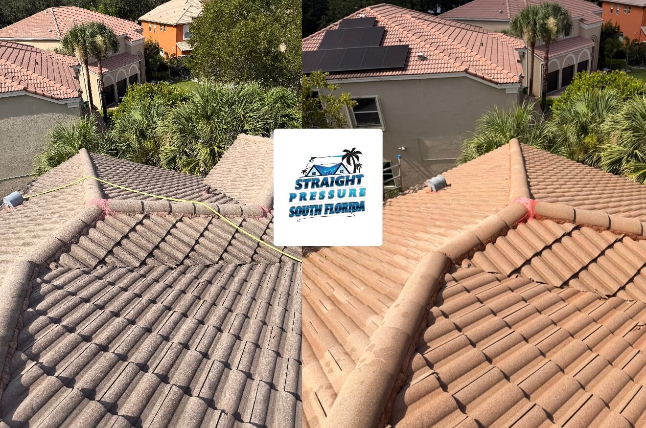 High-quality tile roof cleaning in Miramar. This before-and-after comparison shows a barrel tile roof heavily stained with algae being restored to its original color, demonstrating top-rated local house pressure cleaning.