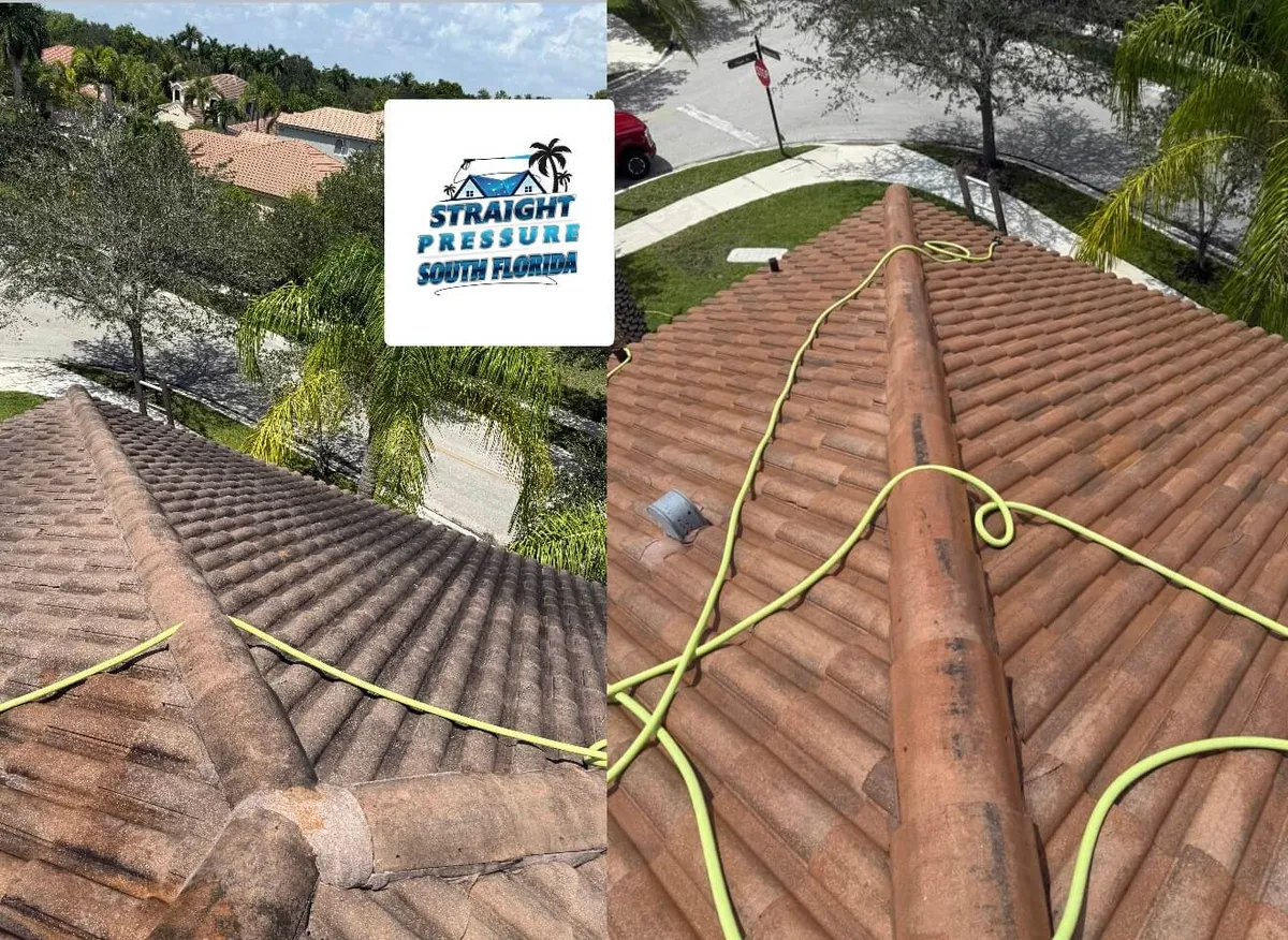 Before and after professional roof cleaning and roof pressure cleaning on clay tile roof in Weston Florida
