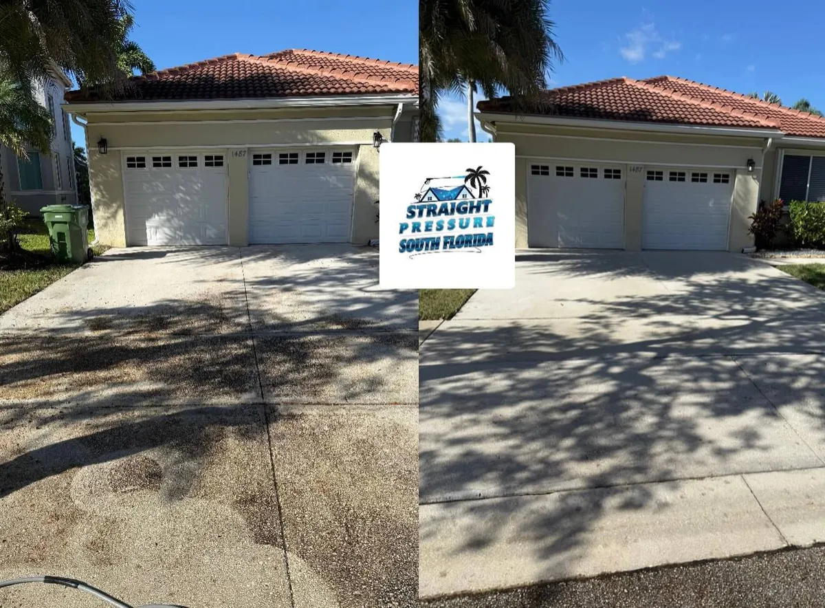 Before and after driveway pressure washing in Weston FL on a concrete driveway