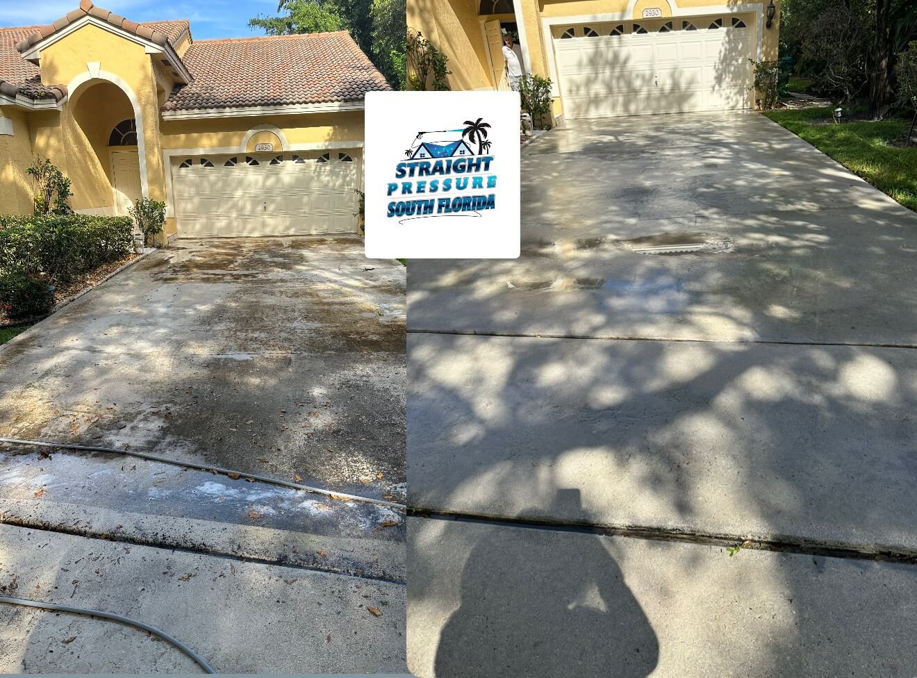 Before and after residential driveway cleaning and power washing of a concrete entrance in Cooper City, FL.