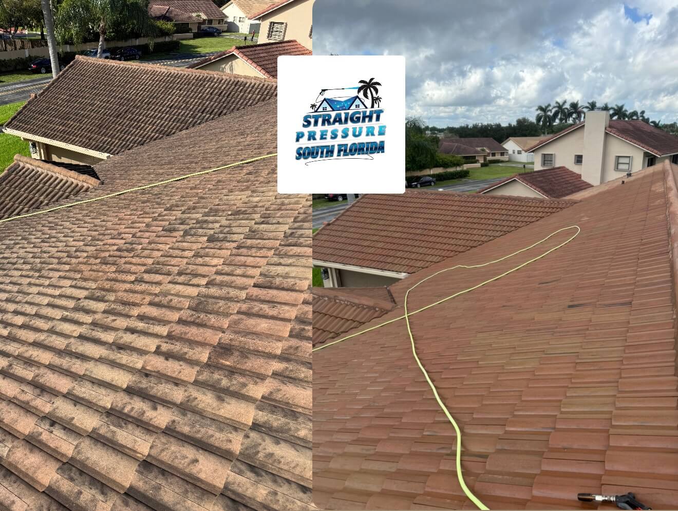 Before and after safe roof cleaning and soft wash pressure washing in Southwest Ranches, FL