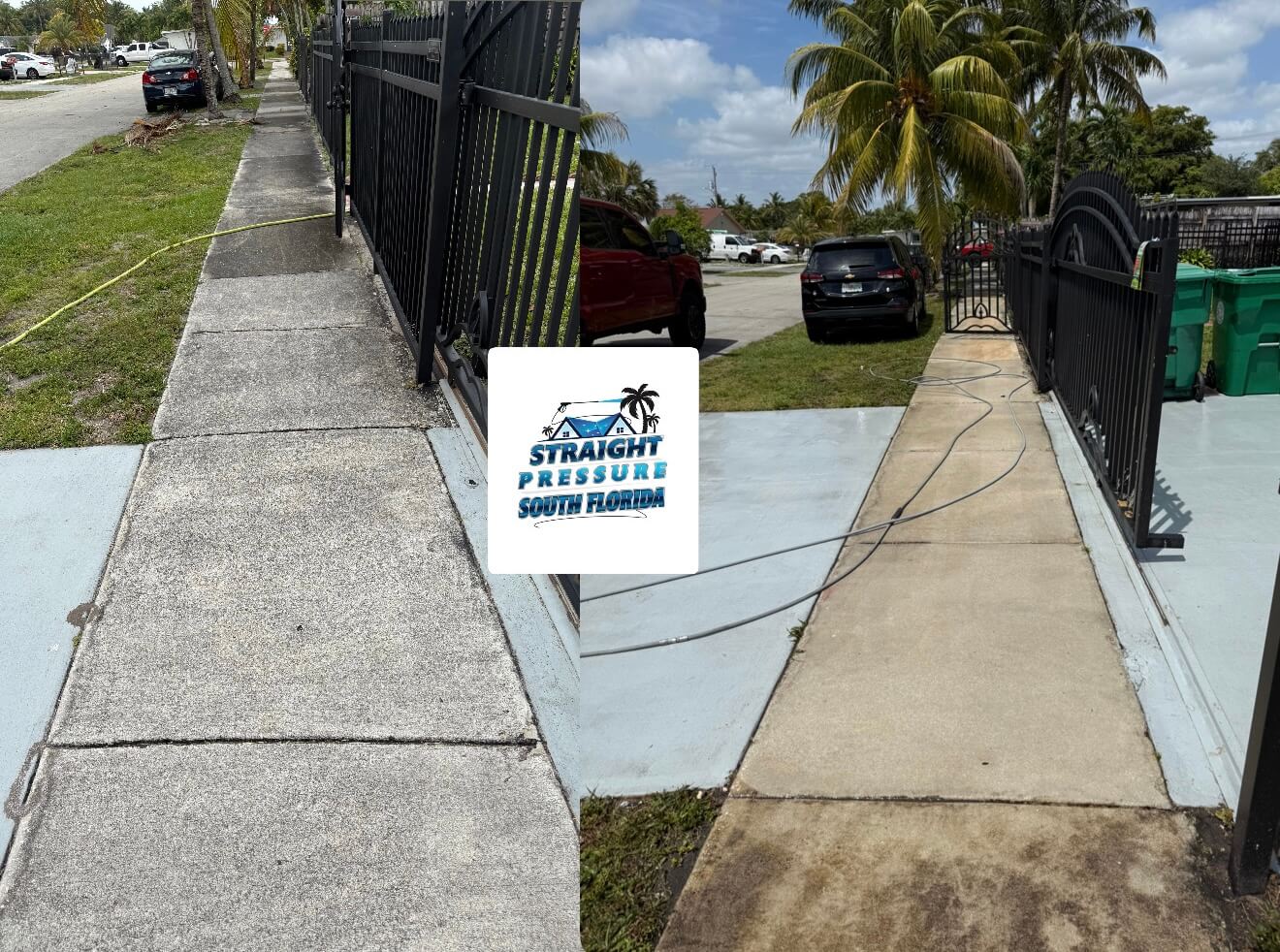 Before and after sidewalk pressure washing service and walkway care in Davie FL