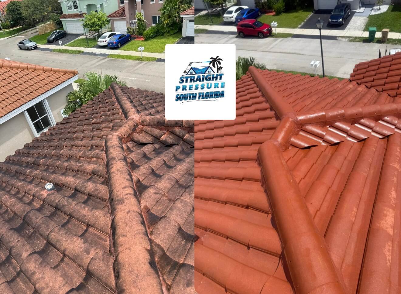 Before and after professional roof cleaning and safe soft wash services in Davie FL