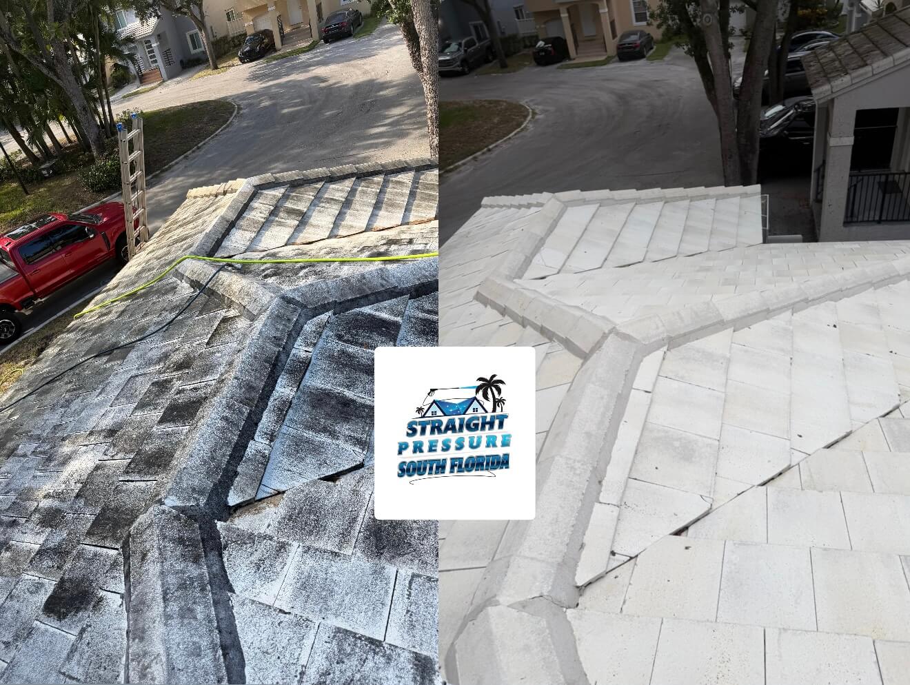 Tile roof pressure washing services and power washing in Plantation Florida. Before and after algae removal.