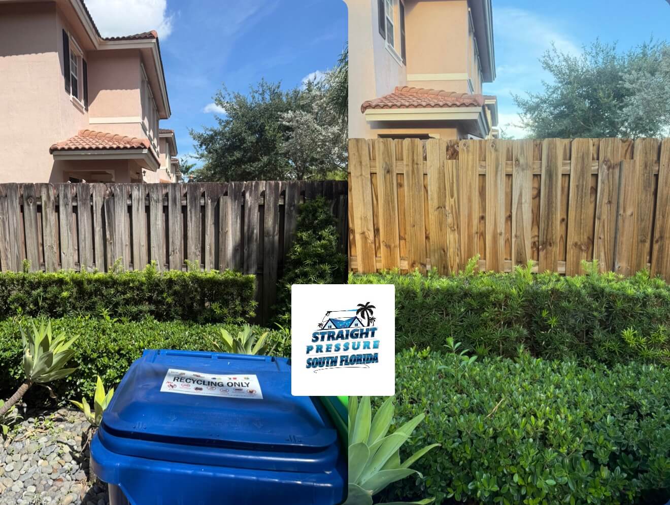 Wood fence pressure washing and restoration before and after in Sunrise FL