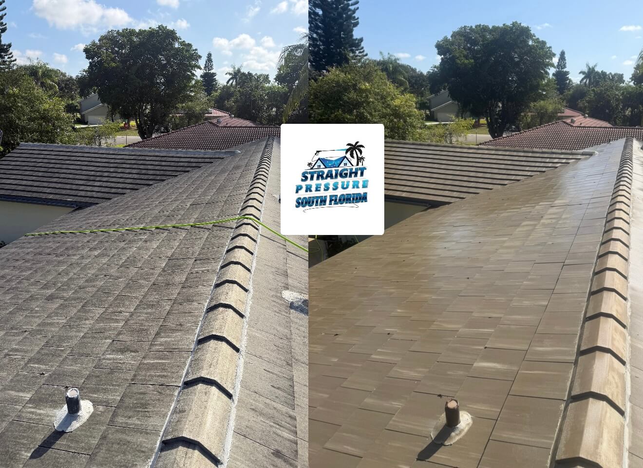 Flat tile roof pressure cleaning before and after in Coral Springs FL