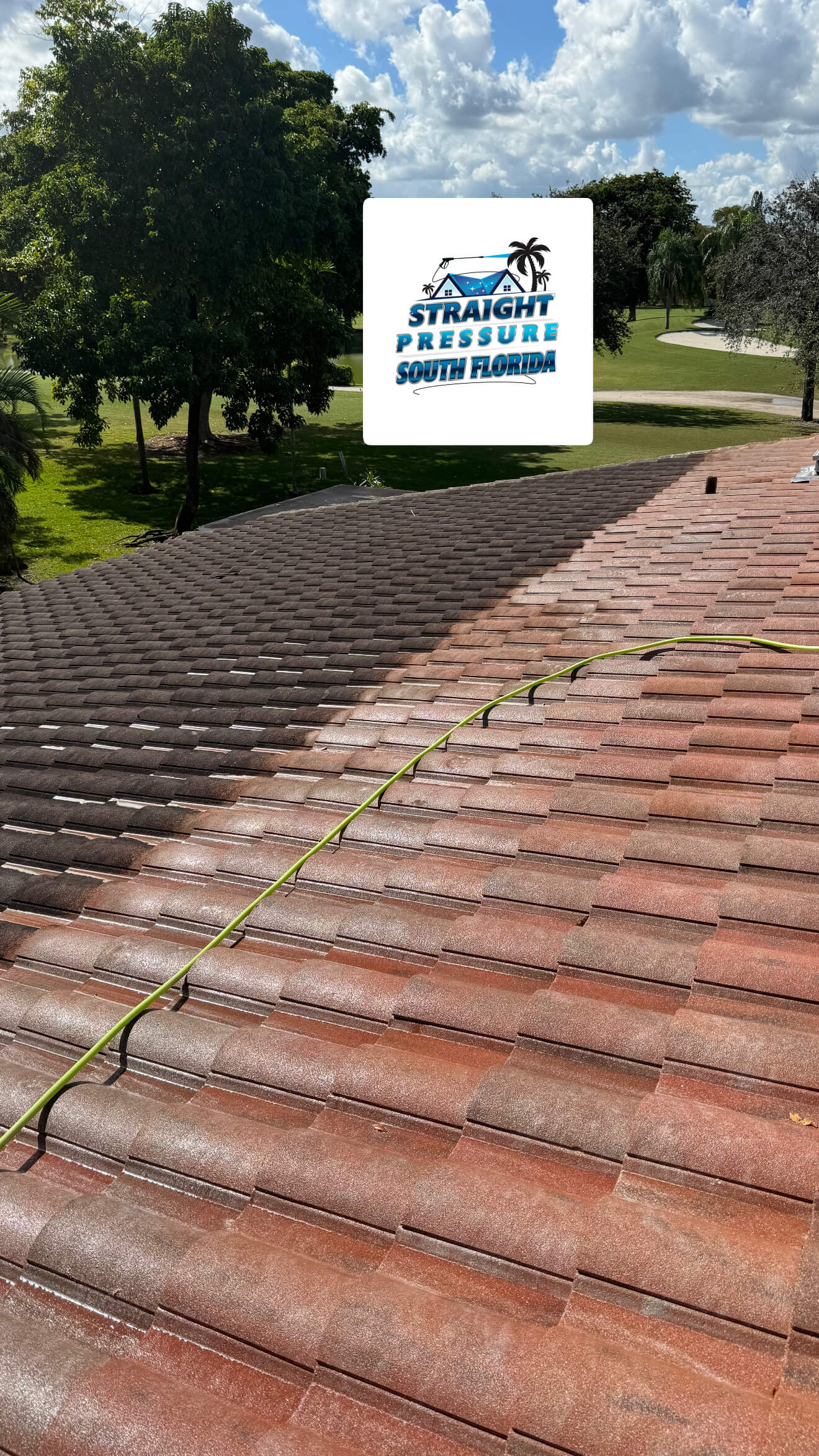 Soft wash roof cleaning process removing algae in Coral Springs Florida