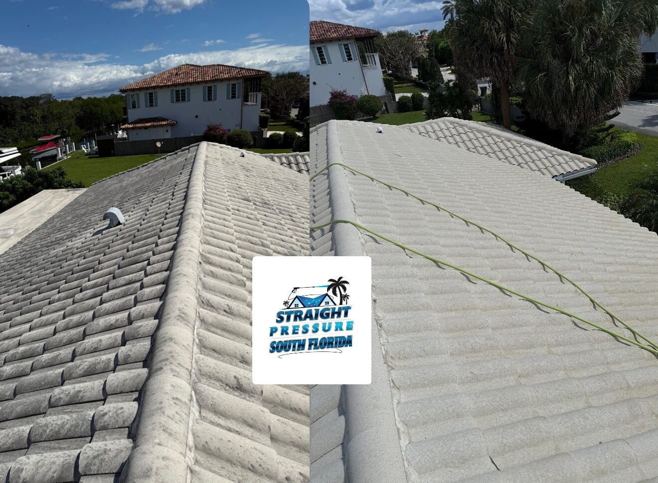 Clear before and after transformation proof of a roof cleaning project on a tile roof in Boca Raton, FL. The split view effectively highlights the removal of heavy mold and algae on the left versus the pristine, clean result on the right achieved with our safe roof pressure washing method.