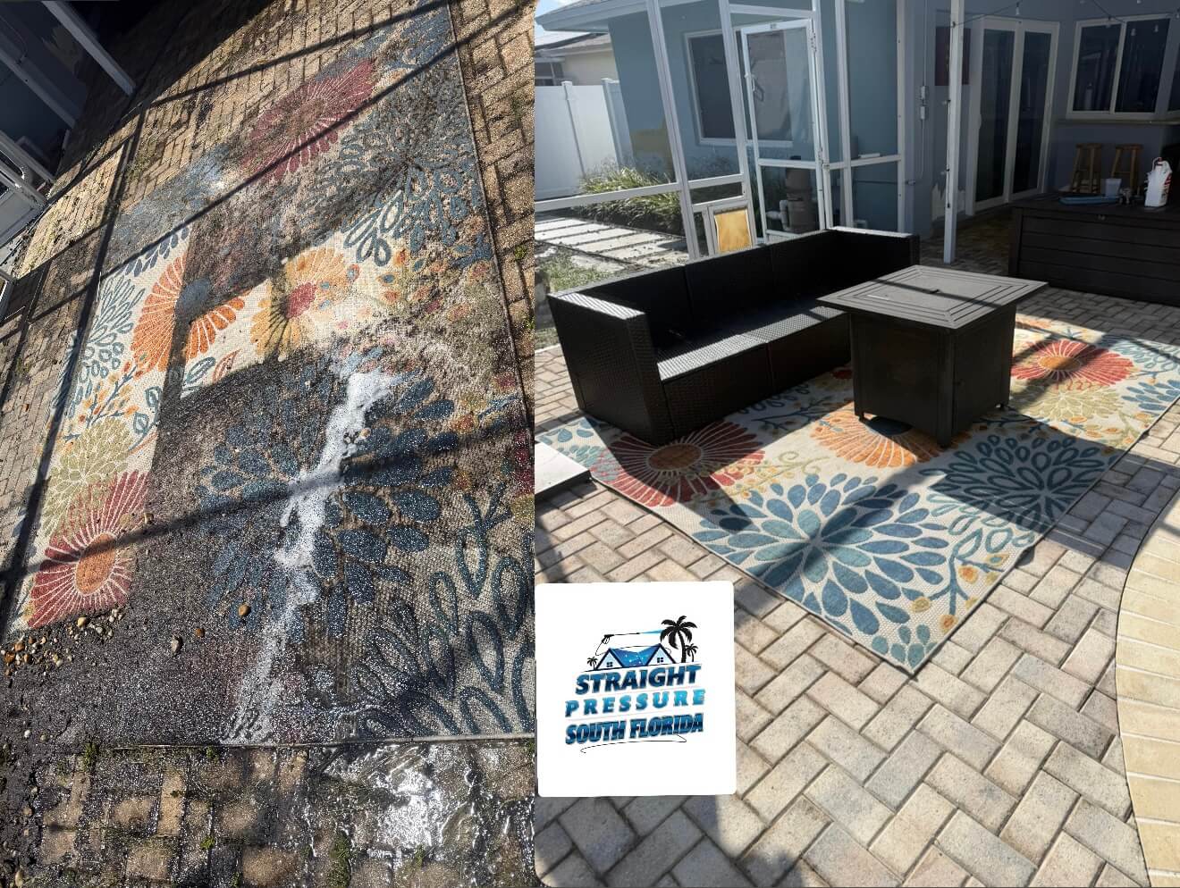 Dramatic before and after transformation comparison of a patio cleaning service in Boca Raton, FL. This split-screen image clearly showcases the removal of ground-in grime from pavers and an outdoor rug (left) to reveal a completely revitalized, clean patio area (right) after pressure washing.