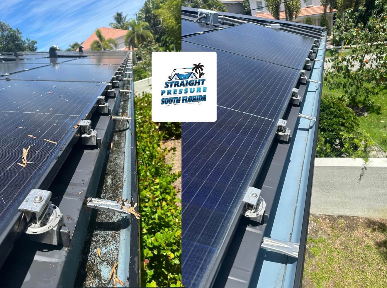 Professional residential gutter cleaning and roof drainage system maintenance in Wilton Manors FL, featuring before and after debris removal, solar panel roof cleaning, and downspout flushing by Straight Pressure South Florida.