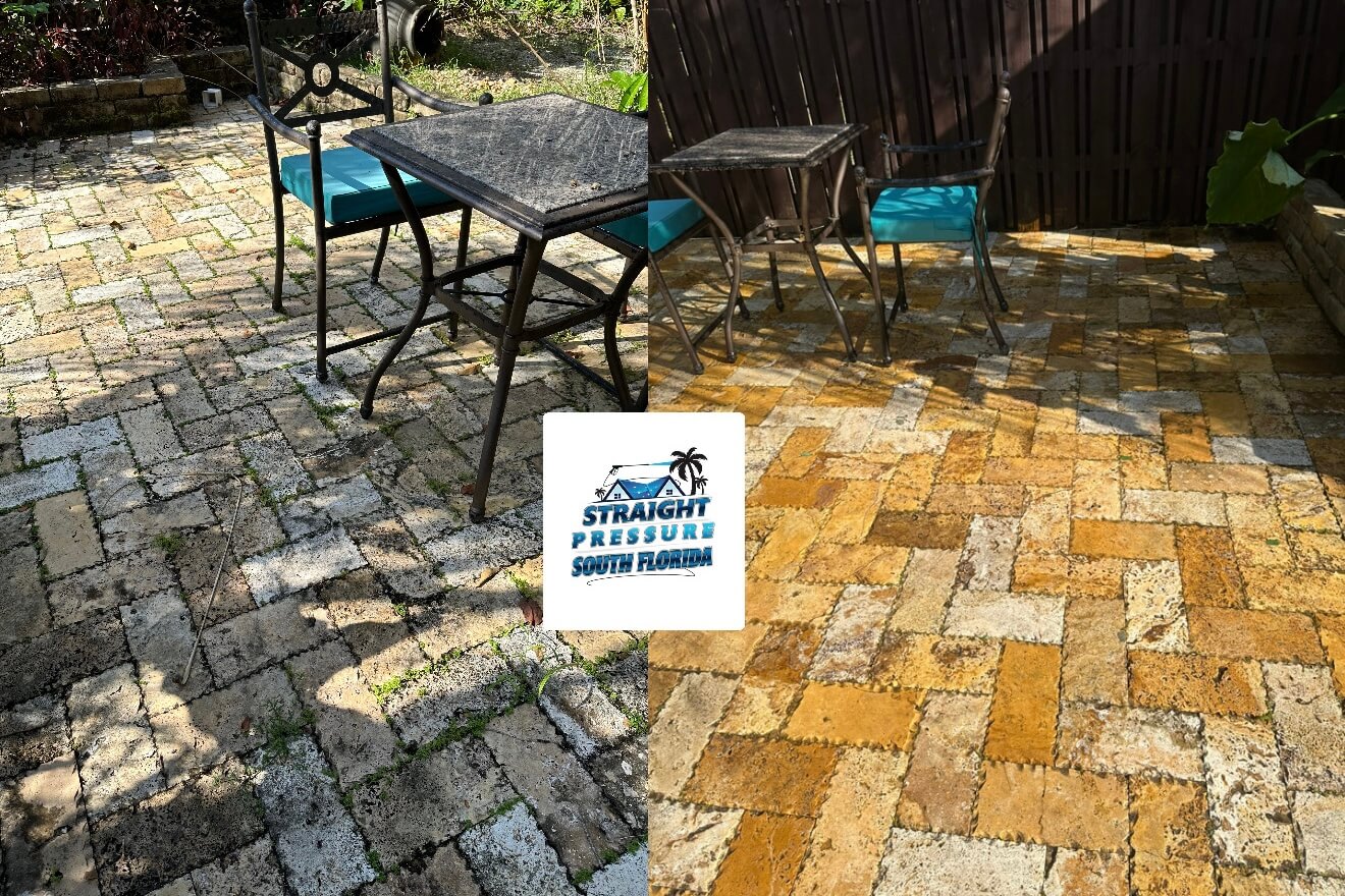 Stunning before and after patio pressure cleaning, brick paver restoration, and paver sealing in Wilton Manors FL, removing mold and algae for residential outdoor living spaces by Straight Pressure South Florida