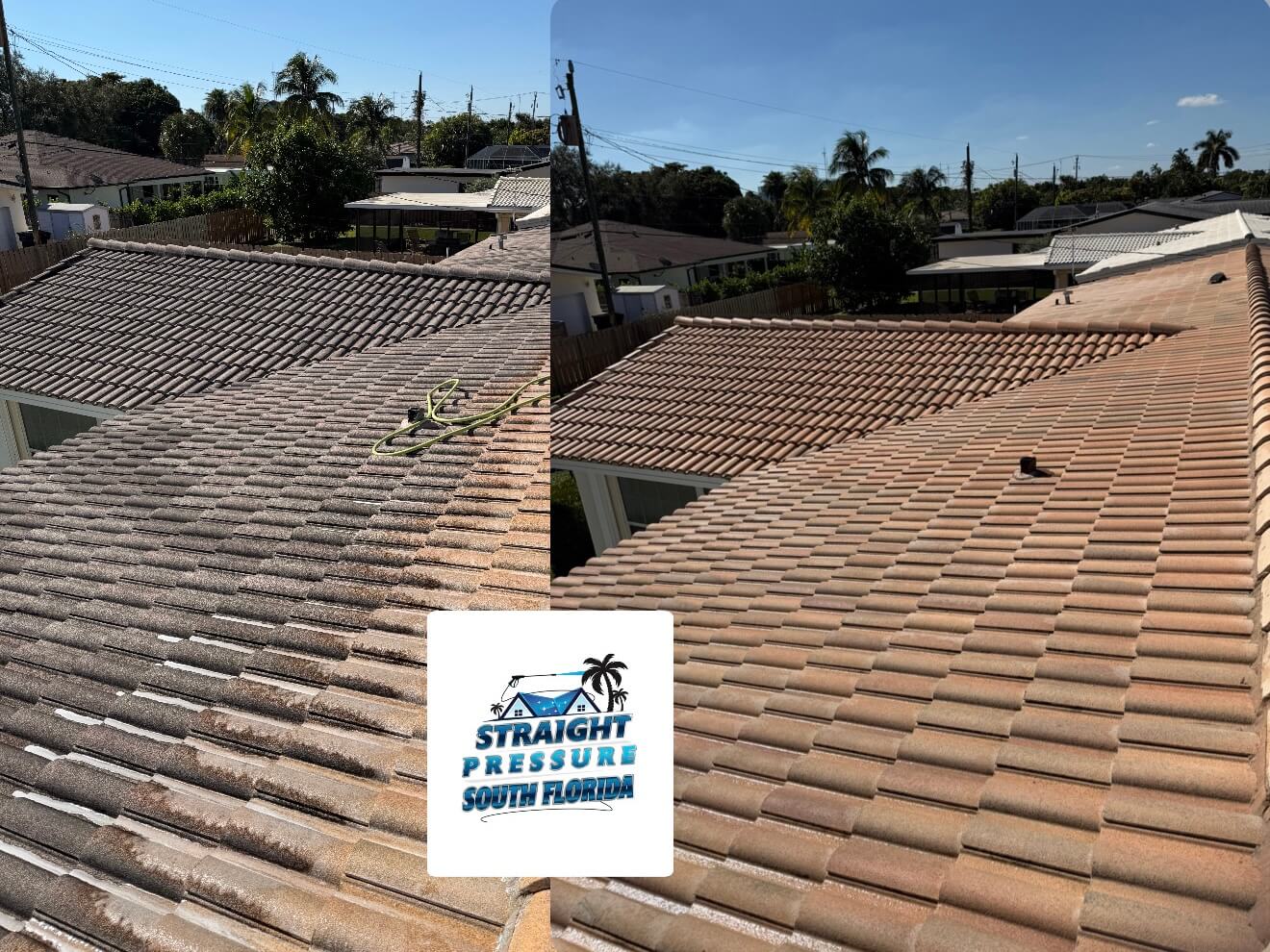 Before and after roof pressure washing and soft wash cleaning on a home in Hollywood FL