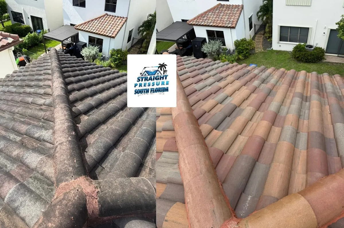 Before and after shingle roof pressure cleaning in Doral, FL by Straight Pressure South Florida, removes black algae streaks and restores the roof's natural color.