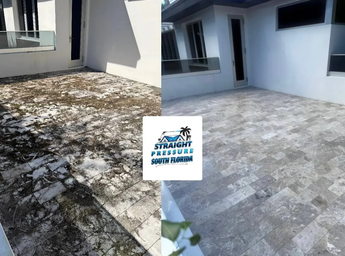 Before and after patio and deck cleaning in Coconut Grove, FL by Straight Pressure South Florida, travertine pavers restored from heavy algae buildup to a bright, clean finish.