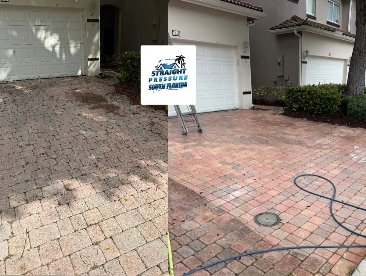 Driveway cleaning in Homestead FL showing restored red and tan paver driveway