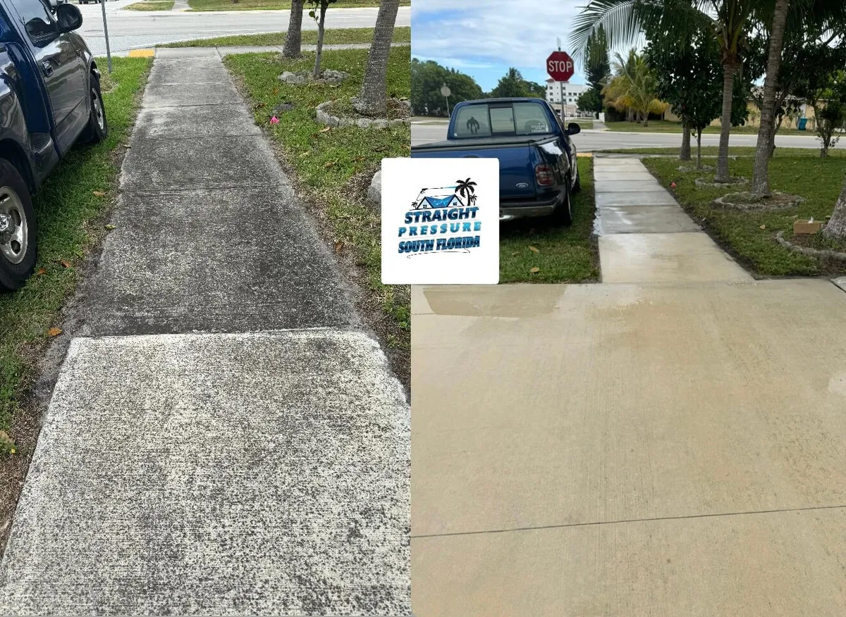 Before and after sidewalk pressure washing in Boynton Beach FL removing black mold spots