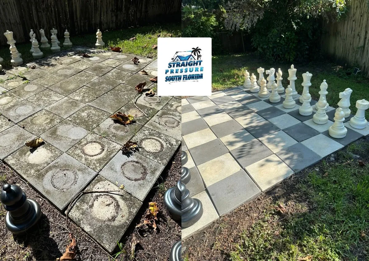 Before and after deck cleaning in Wilton Manors FL on a giant chessboard paver patio