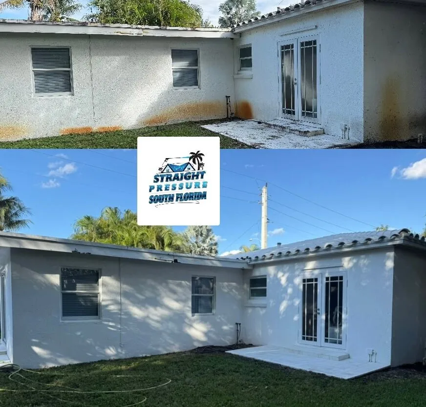 Before and after exterior house soft washing removing irrigation stains in Fort Lauderdale FL