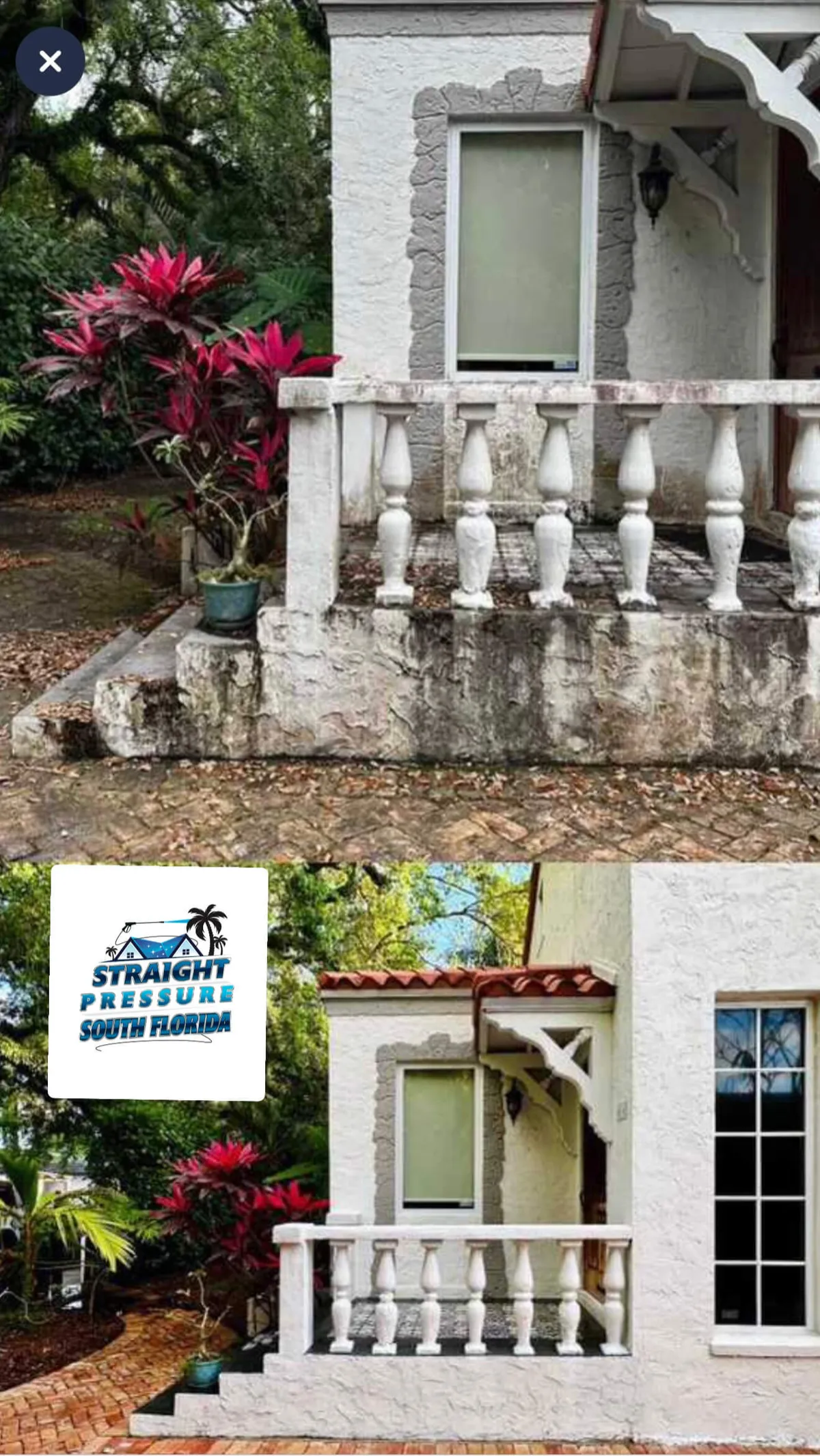 Exterior house washing of a stucco home in Coral Gables, FL, before and after