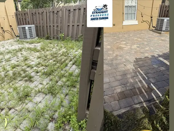 Deck cleaning services removing weeds and dirt from pavers in Davie, FL, before and after