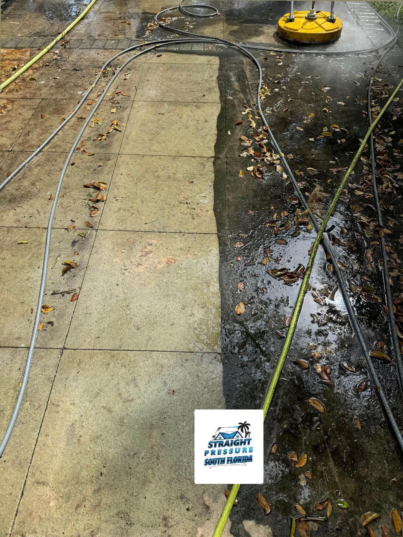 Concrete driveway cleaning with a surface cleaner in Kendall, FL, before and after