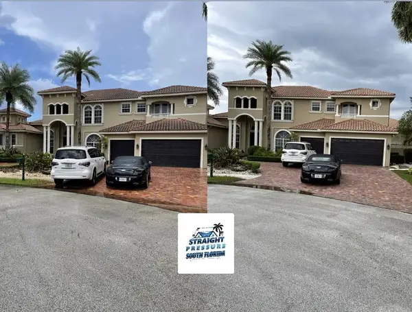 Residential pressure washing of a two-story home and paver driveway in Davie, FL, before and after