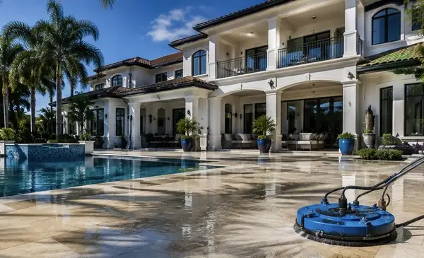 Pool deck pressure cleaning at a luxury home in South Florida