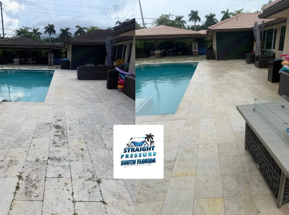 Pool deck paver sealing in Southwest Ranches, FL, before and after
