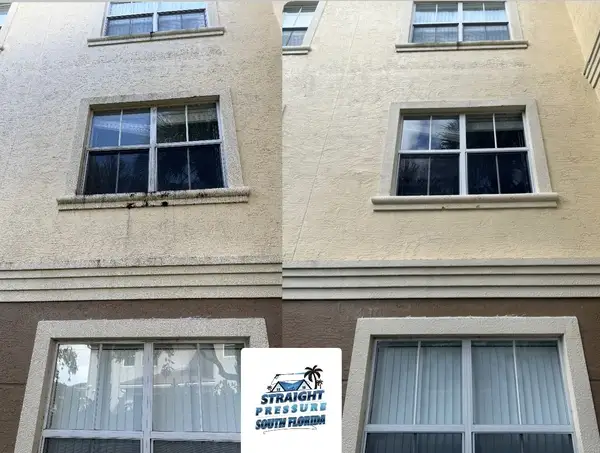 Exterior window cleaning on a stucco building in Miramar, FL, before and after