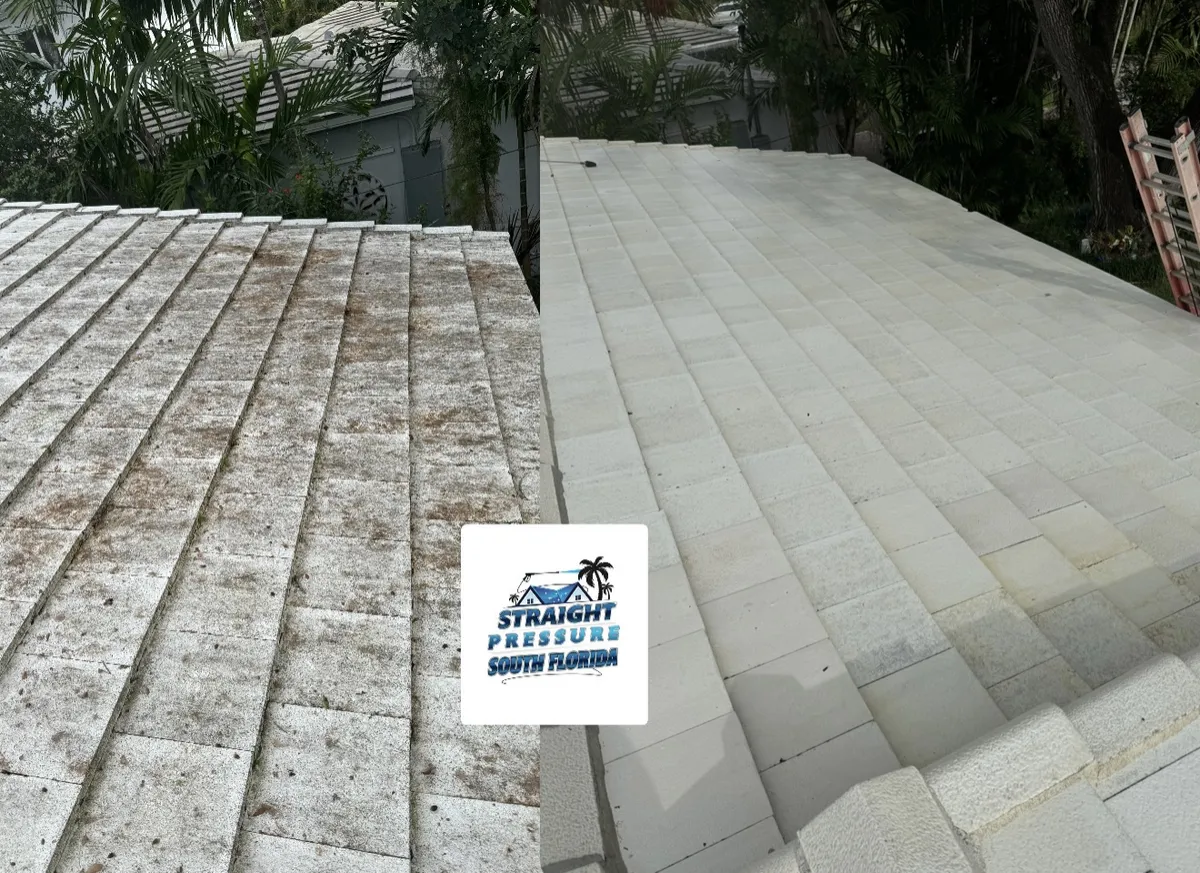 White flat tile roof cleaning in Miami, FL, before and after