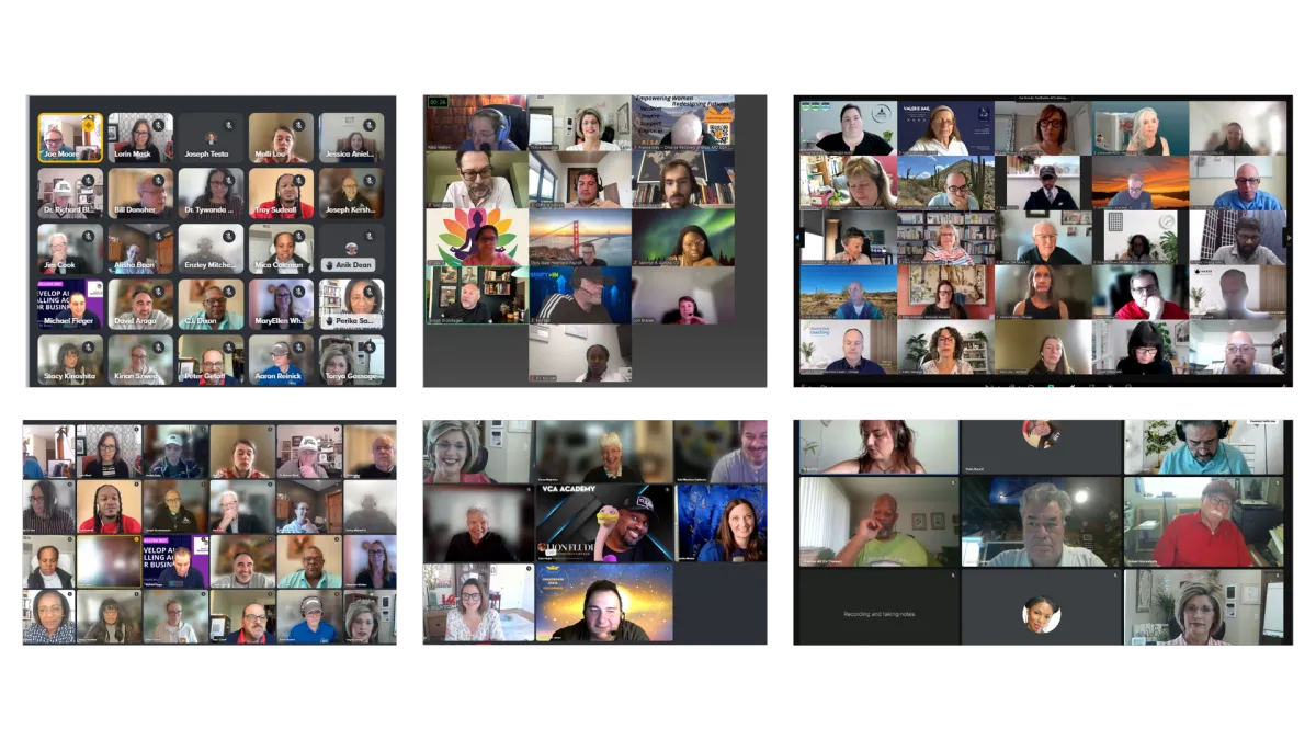 Collage of multiple Zoom group coaching sessions with dozens of attendees engaged in virtual learning and discussion.