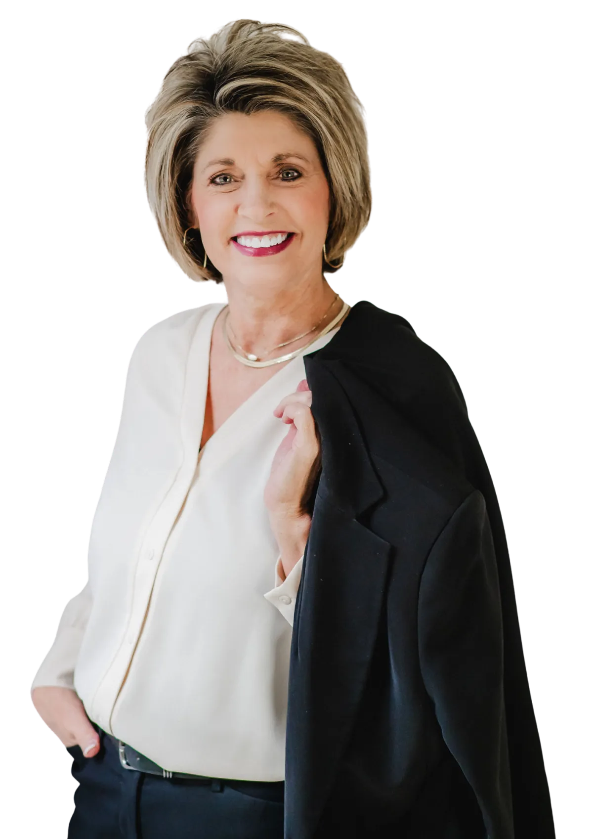 Professional portrait of Tonya Gossage, executive business consultant and leadership advisor, wearing a white blouse and dark blazer, smiling confidently.