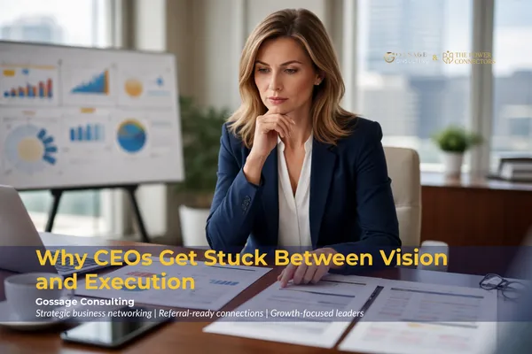 CEO reviewing strategy and execution reports in a professional office setting.