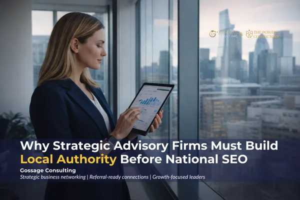 Confident female strategic advisor reviewing business analytics on a tablet while standing by a large office window overlooking a modern city skyline, representing leadership, strategic consulting, and business growth.