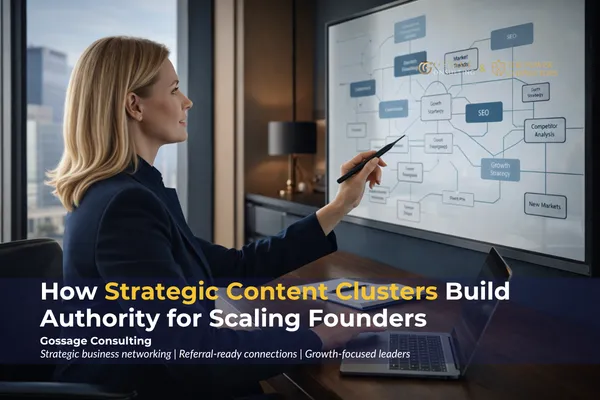 Female business consultant analyzing a digital strategy board with interconnected SEO and growth concepts in a modern executive office, representing structured planning and authority building.