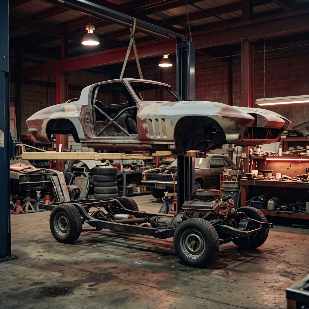 C2 Corvette Stingray body-off restoration in Fort Worth shop