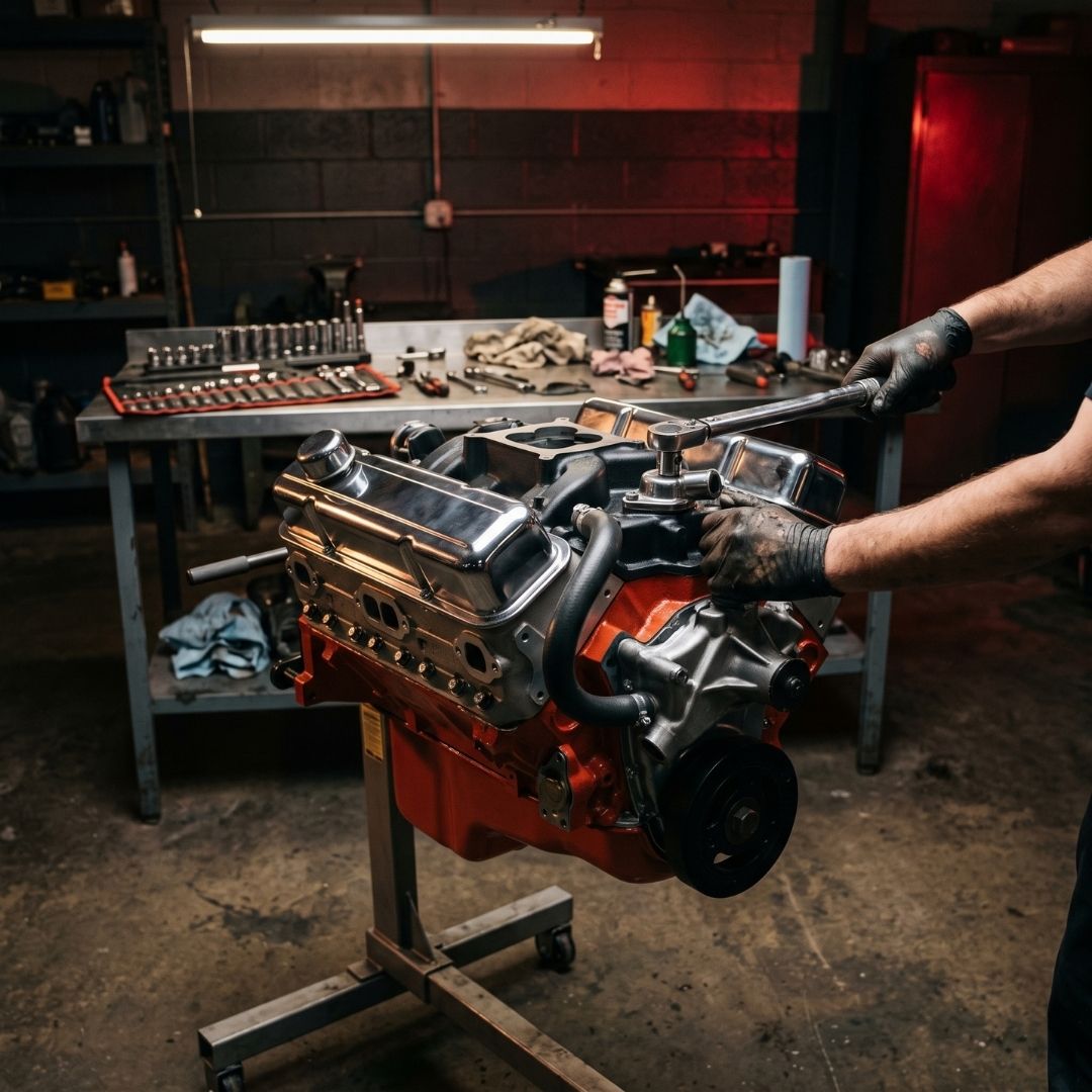 Rebuilt classic V8 engine for a Mustang restoration