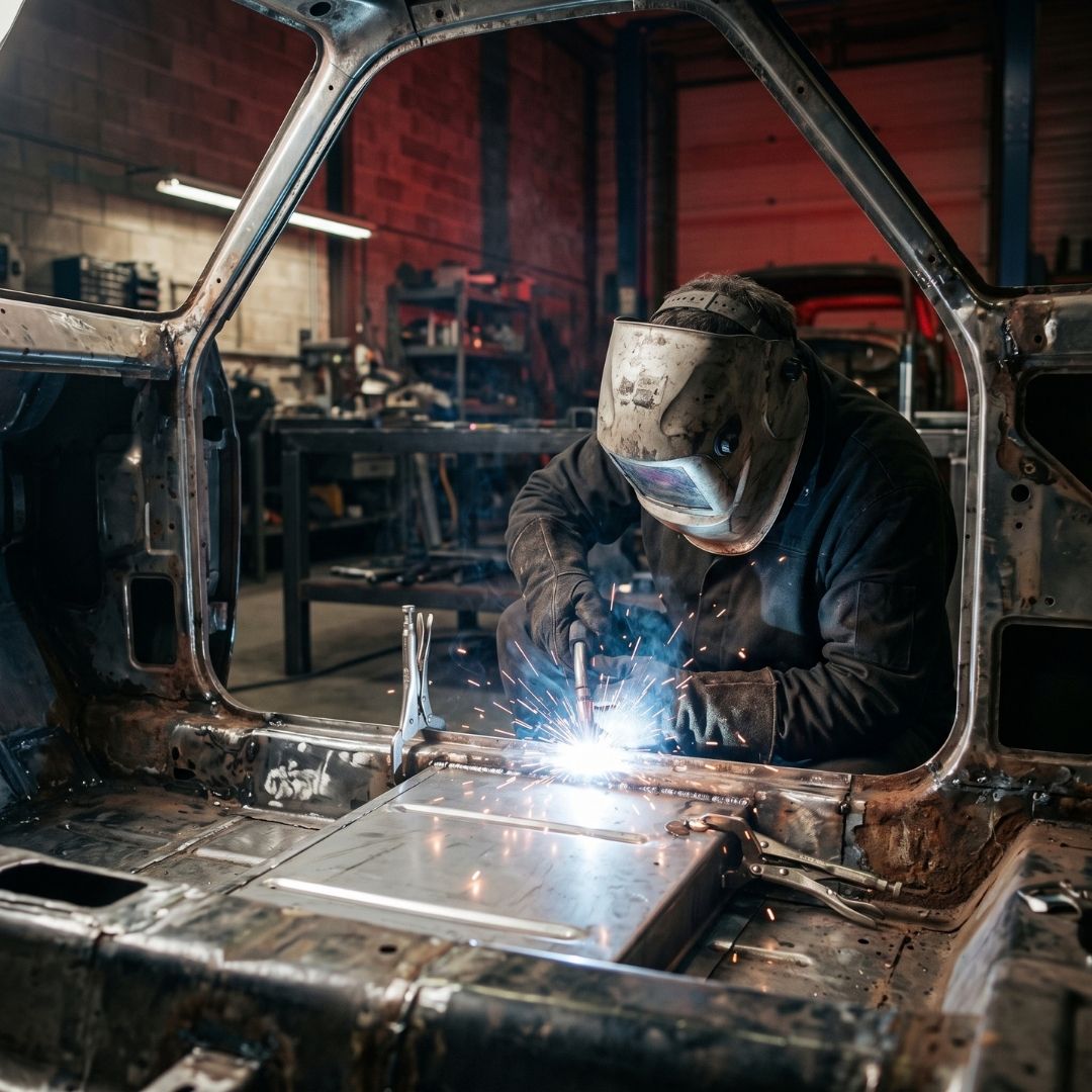 Floor pan rust repair and welding on a classic car