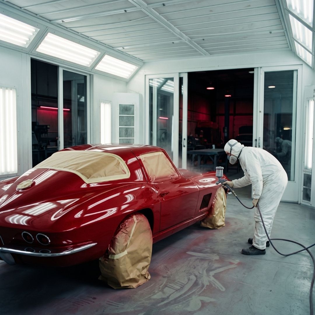 Classic car receiving fresh paint in the paint booth
