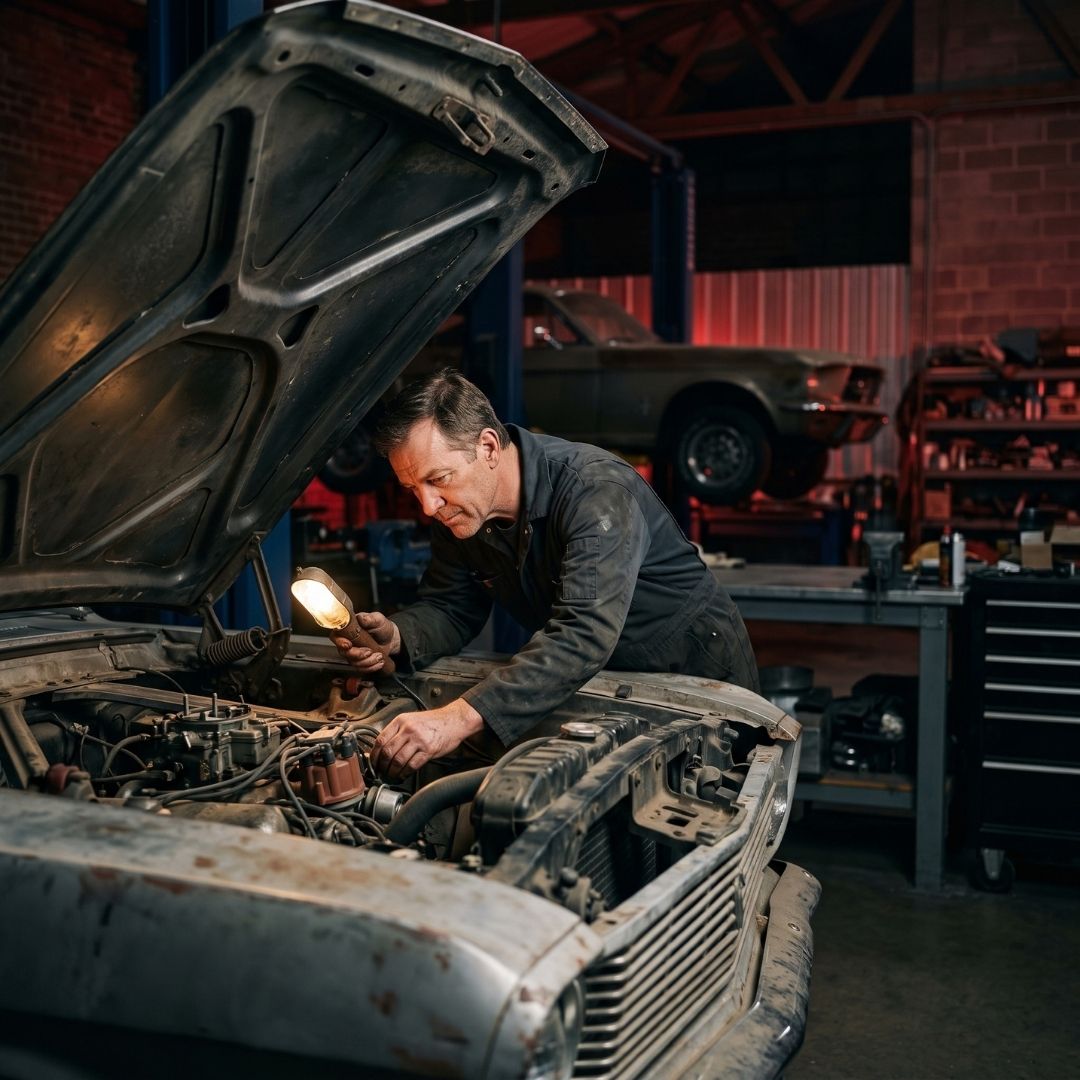 CM Restorations specialist inspecting a classic car engine in the Fort Worth shop
