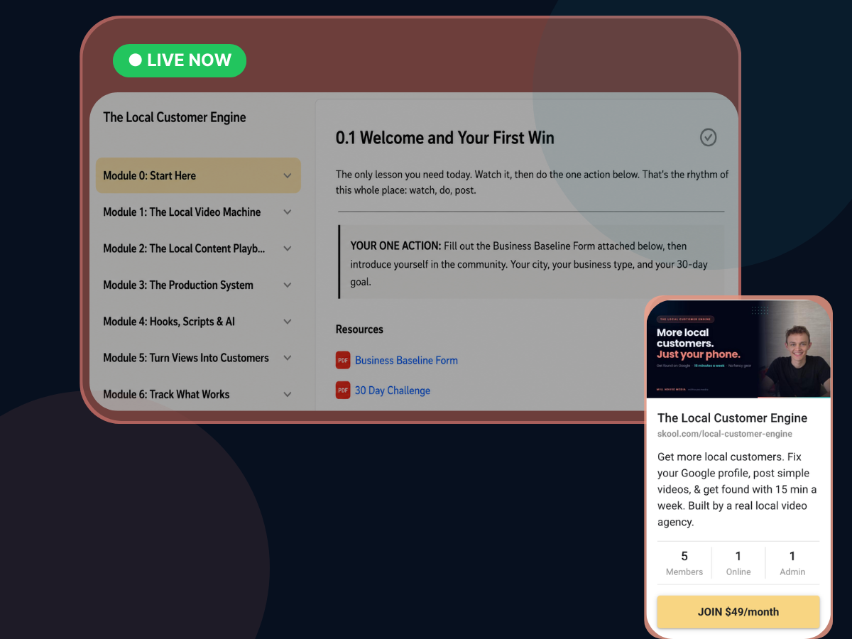 Preview of The Local Customer Engine course classroom and Skool membership