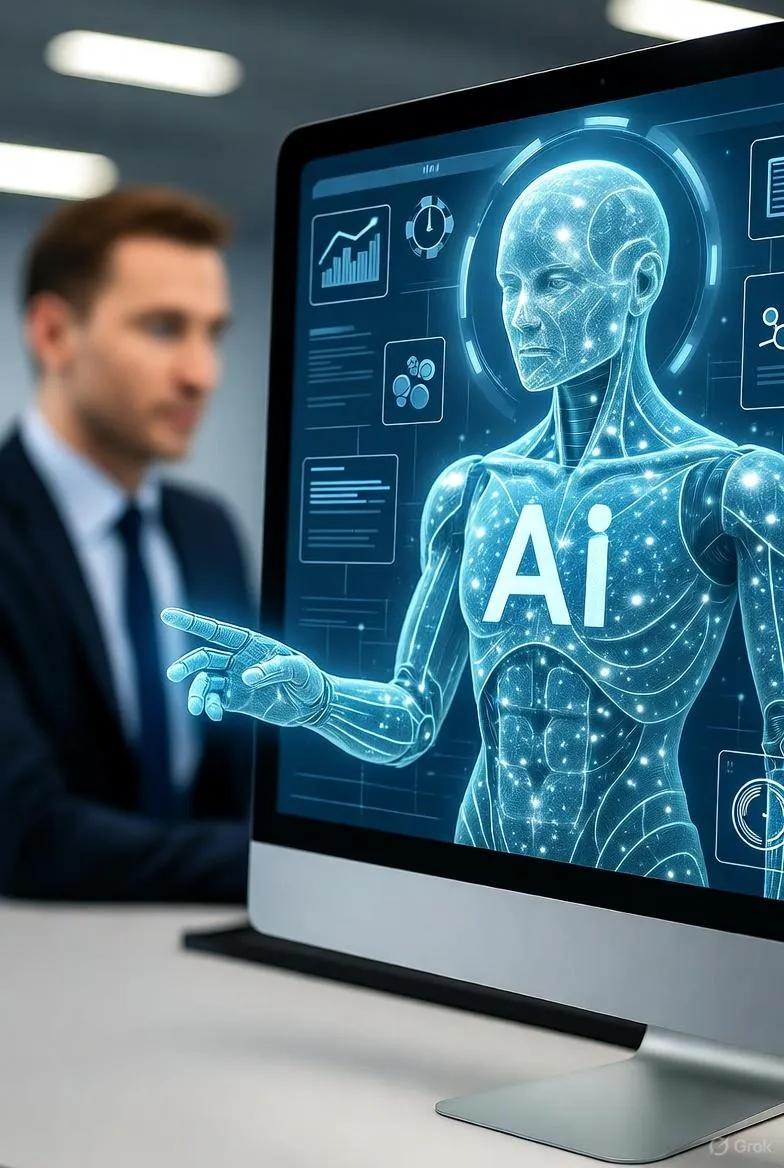 AI virtual assistant interacting with a business owner on a computer screen, symbolizing 24/7 automated support.