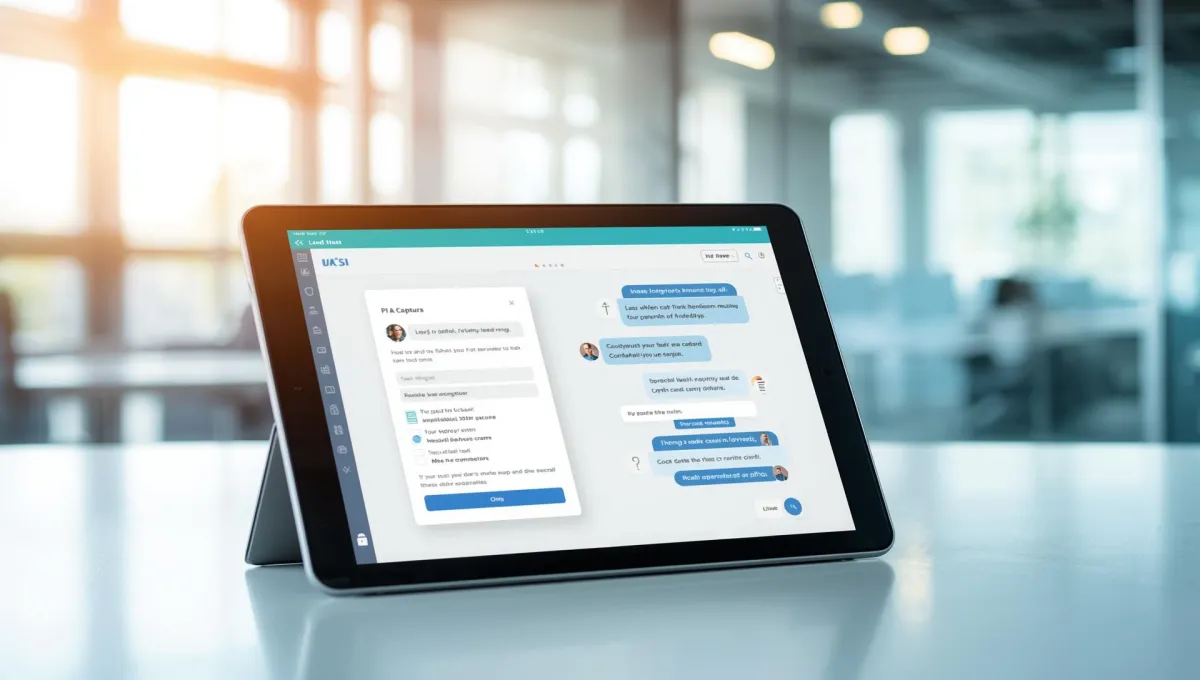 Digital tablet displaying an automated lead capture form and chat system, representing customer engagement automation.