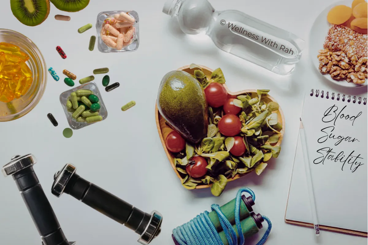 Holistic wellness flat lay featuring whole foods, supplements, dumbbells, a jump rope, water, and a notepad with the words "Blood Sugar Stability" — representing a root-cause approach to metabolic health and energy.